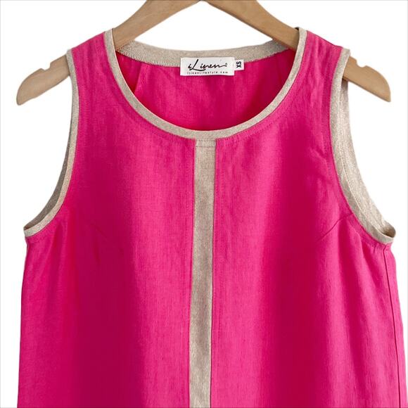 iLinen Bright Pink Sleeveless Linen Shift Dress With Gold Trim Size XS - Picture 5 of 8